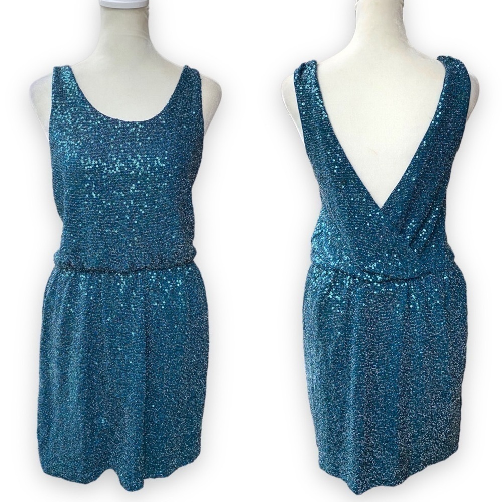 EXPRESS Teal Sequin Low Surplice Back Cocktail Mini Dress
